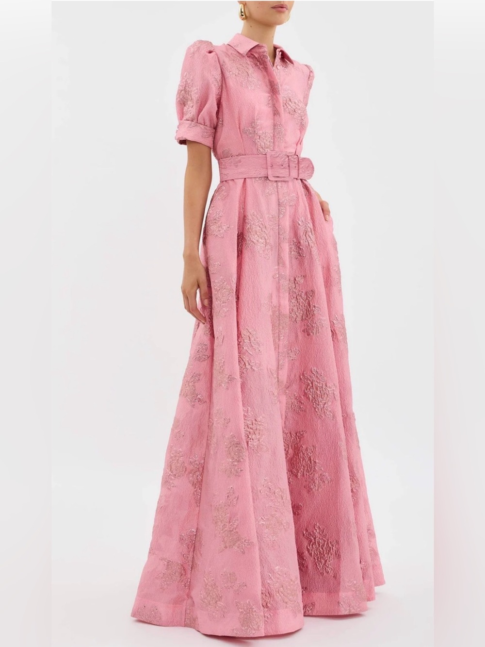 Pink Metallic Brocade Belted Maxi Dress